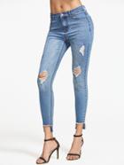 Romwe Bleach Wash Ripped Staggered Hem Skinny Jeans