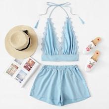Romwe Lace Trim Open Back Halter Top With Shorts