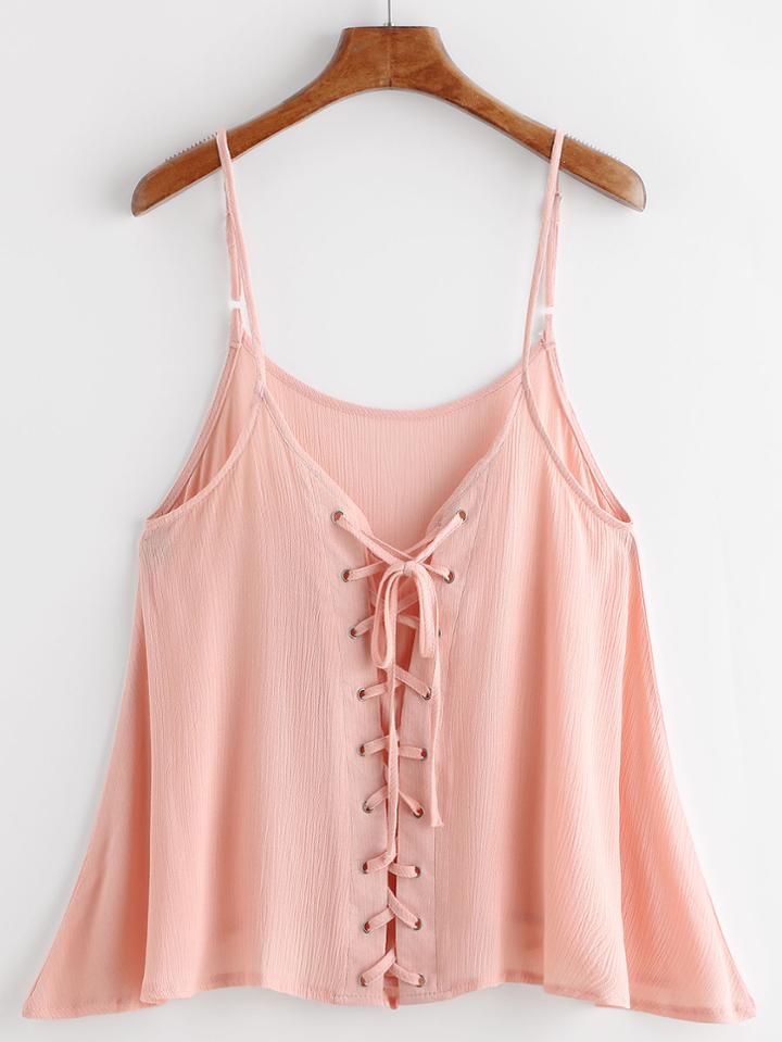 Romwe Pink Lace Up Front Swing Cami Top