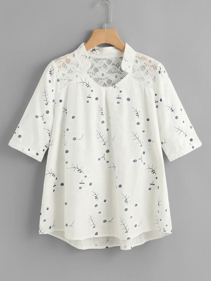 Romwe Lace Panel Dip Hem Top