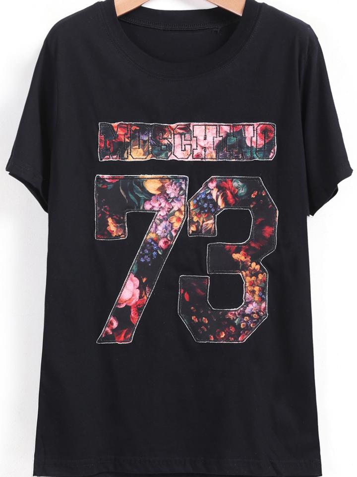 Romwe Black Short Sleeve 73 Print Loose T-shirt