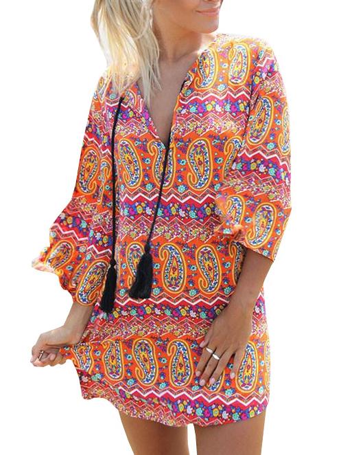Romwe V Neck Bell Sleeve Paisley Print Dress
