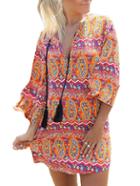 Romwe V Neck Bell Sleeve Paisley Print Dress