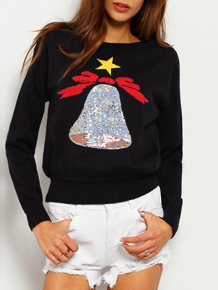 Romwe Sequined Bell Pattern Christmas Sweater