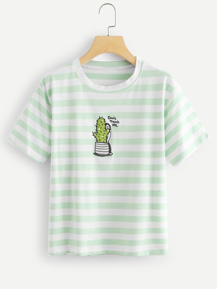 Romwe Cactus Graphic Striped Tee