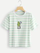 Romwe Cactus Graphic Striped Tee