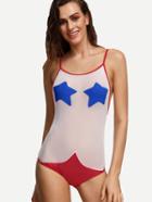 Romwe Multicolor Star Print Mesh One Piece Swimwear