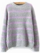Romwe Long Sleeve Striped Grey Sweater