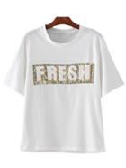 Romwe White Short Sleeve Letters Sequined T-shirt