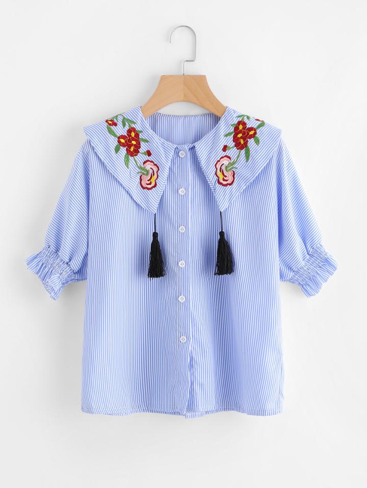 Romwe Floral Embroidered Striped Fringe Tie Blouse