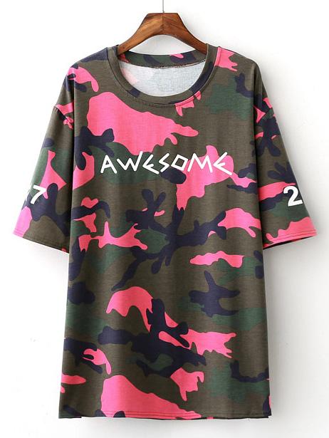 Romwe Camouflage Letter Printed T-shirt