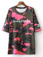 Romwe Camouflage Letter Printed T-shirt