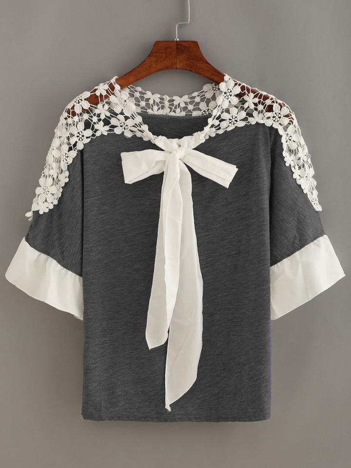 Romwe Crochet Shoulder Bow Tie Neck Top