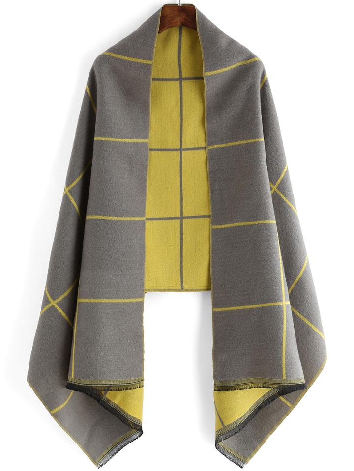 Romwe Plaid Fringes Grey Yellow Scarf