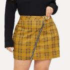 Romwe Plus Plaid Zip Front Denim Skirt