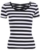 Romwe Round Neck Striped Backless Top