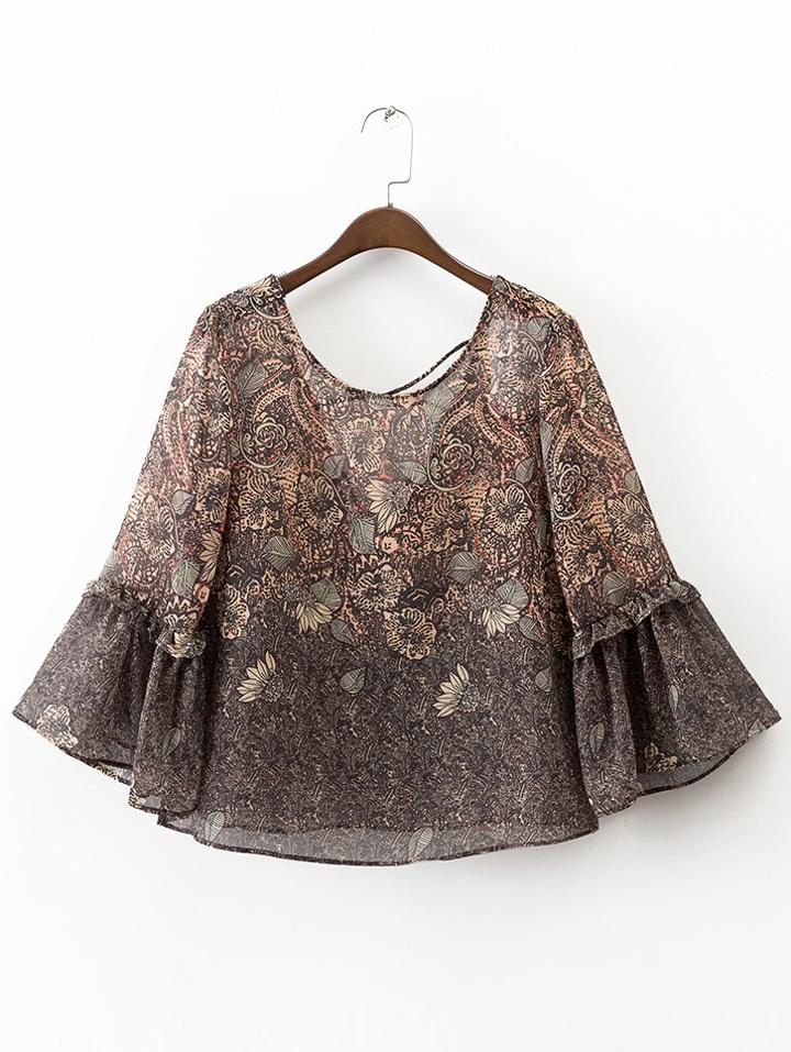 Romwe Floral Print Cross Back Bell Sleeve Blouse