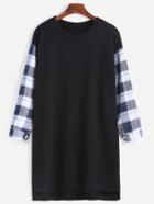 Romwe Black Contrast Plaid Sleeve Dip Hem Tee Dress