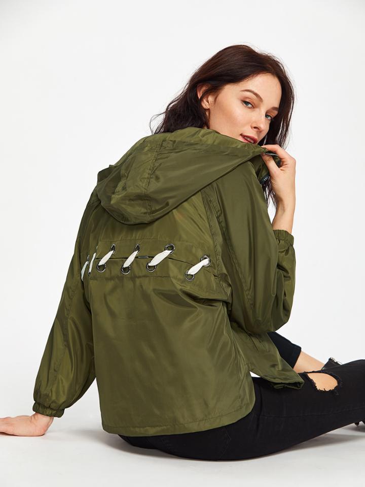 Romwe Ring Back Split Side Hooded Zip Up Jacket