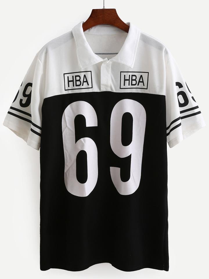 Romwe Contrast Varsity Print Polo Shirt