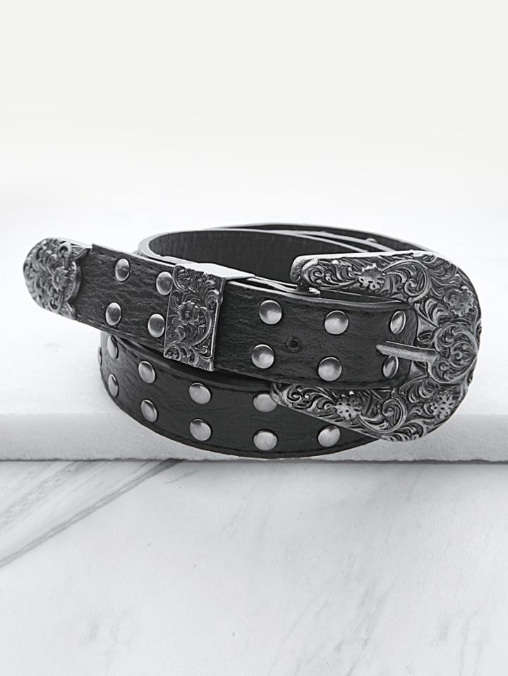Romwe Studded Belt With Flower Textured Buckle