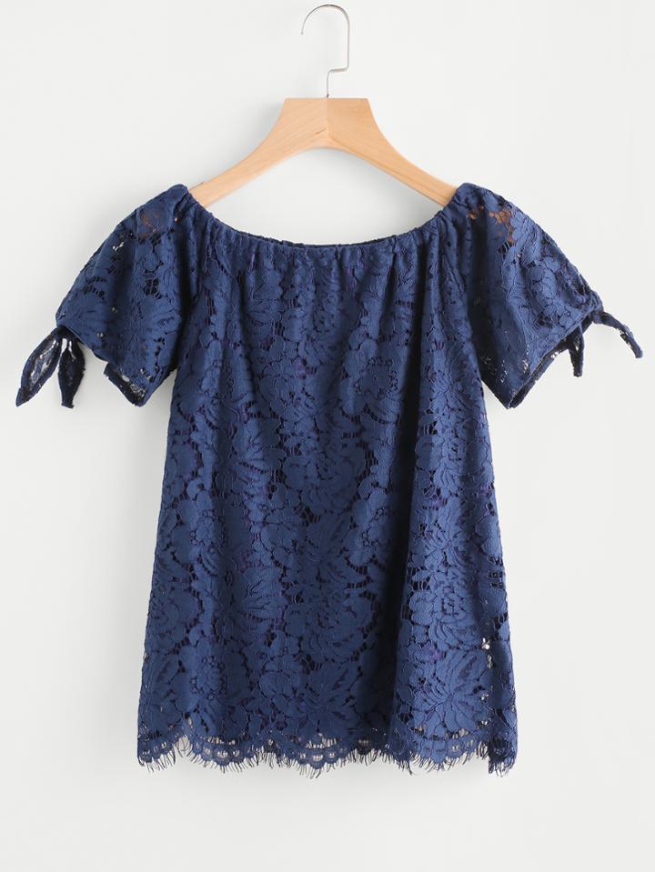 Romwe Scalloped Hem Tie Cuffs Lace Blouse