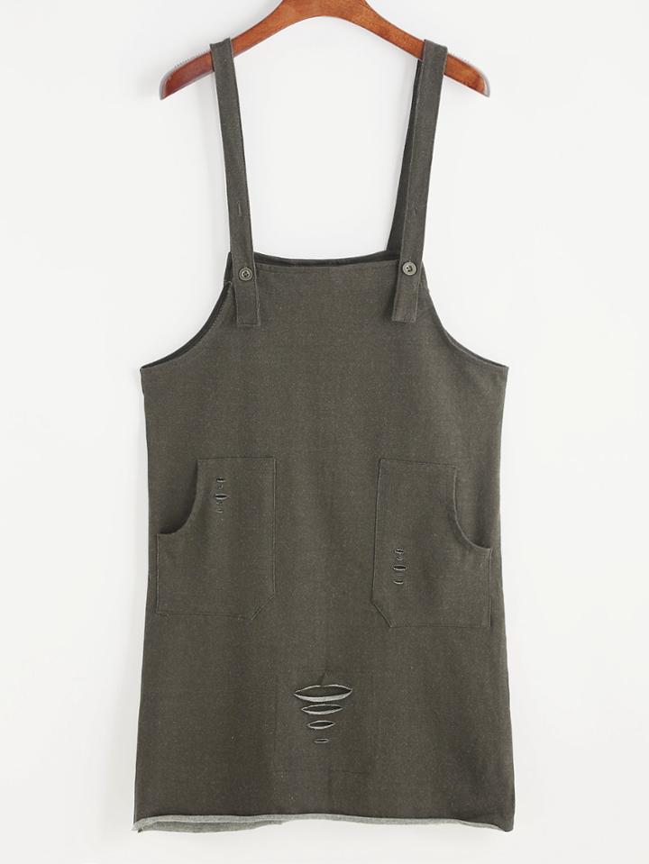 Romwe Army Green Ripped Pockets Pinafore Dress