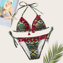 Romwe Random Tribal Print Tassel Decor Halter Bikini Set