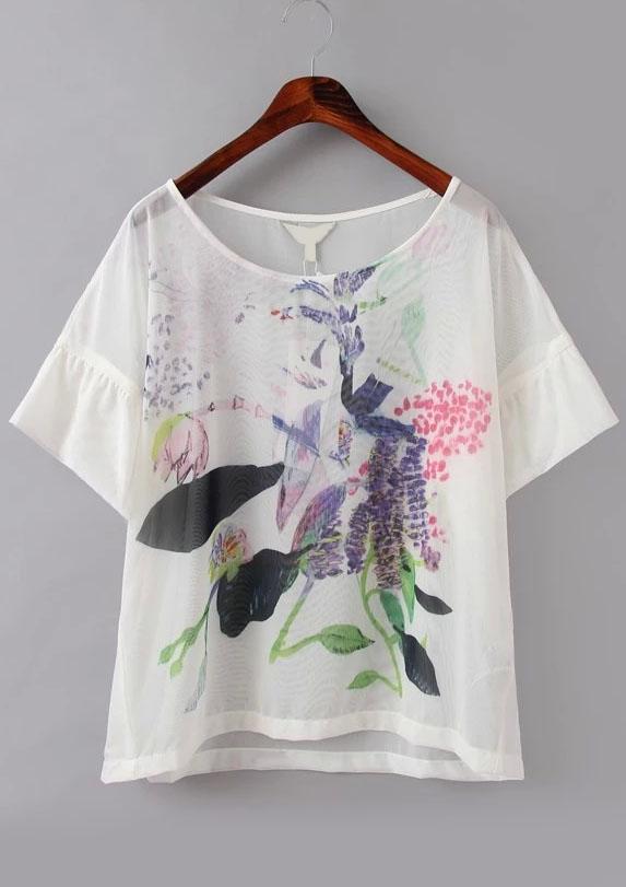 Romwe Flower Print Mesh Top