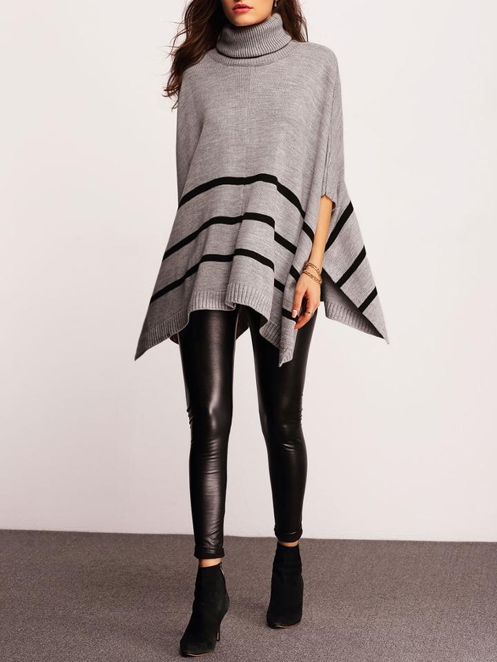 Romwe Grey High Neck Striped Sweater