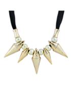 Romwe Latest Design Black Ribbon Gold Plated Long Spike Imitation Pearl Necklace
