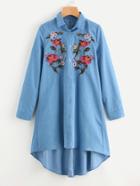 Romwe Flower Embroidered Front Denim Shirt Dress