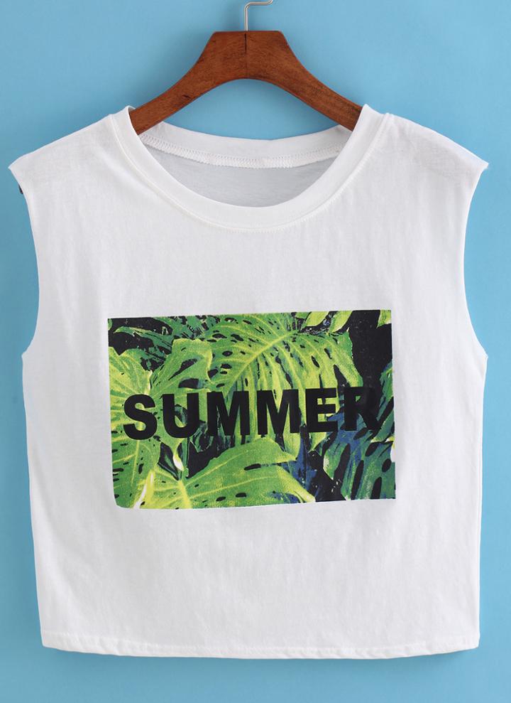 Romwe Leaves Letter Print White Tank Top