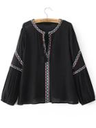 Romwe Black Embroidery Trim Blouse With Tassel Tie