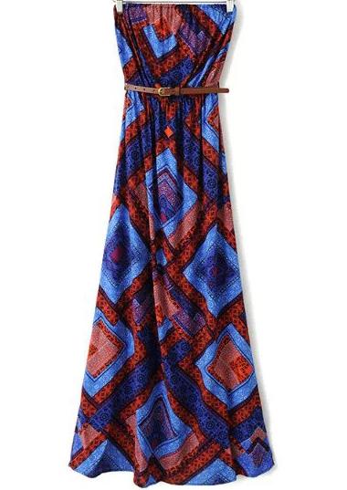 Romwe Multicolor Strapless Geometric Print Maxi Dress