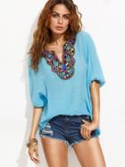 Romwe Blue V Cut Faux Gem Insert Embroidered Blouse