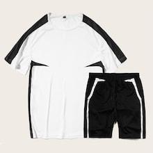 Romwe Guys Tape Side Tee & Drawstring Waist Shorts