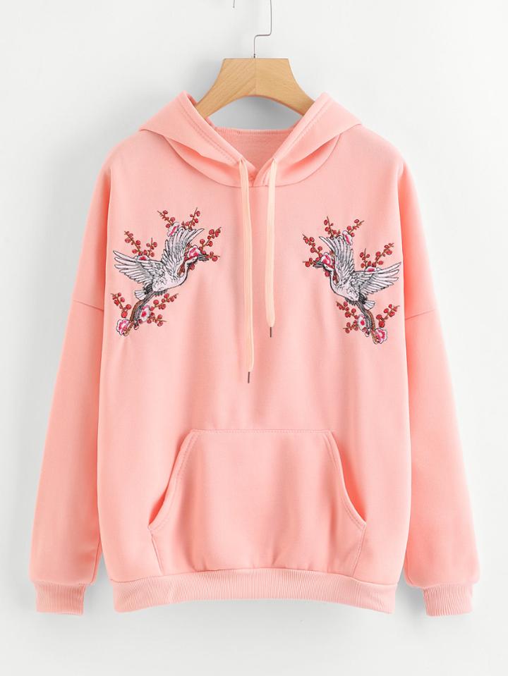 Romwe Drop Shoulder Crowned Crane Embroidered Hoodie