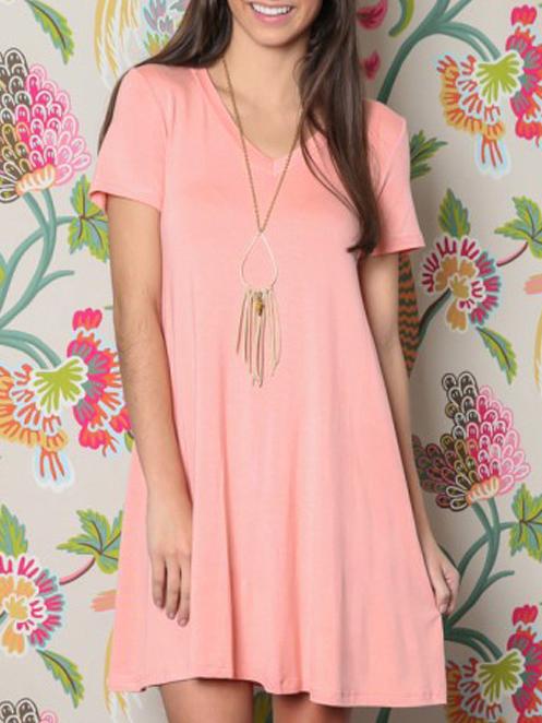 Romwe V Neck Swing Dress - Light Pink