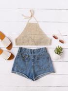 Romwe Apricot Hollow Out Crochet Halter Neck Top