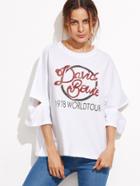 Romwe White Letter Print Drop Shoulder Cut Out Sleeve T-shirt