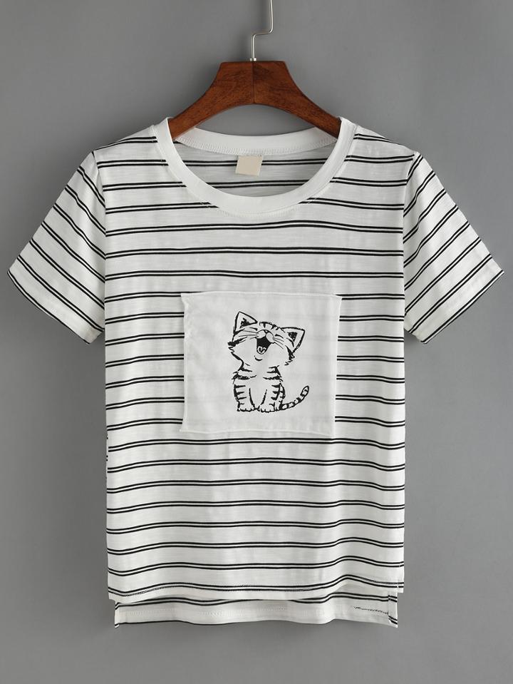 Romwe Striped Cat Print Patchwork T-shirt