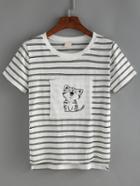 Romwe Striped Cat Print Patchwork T-shirt