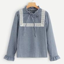 Romwe Plaid Print Contrast Lace Flounce Sleeve Blouse