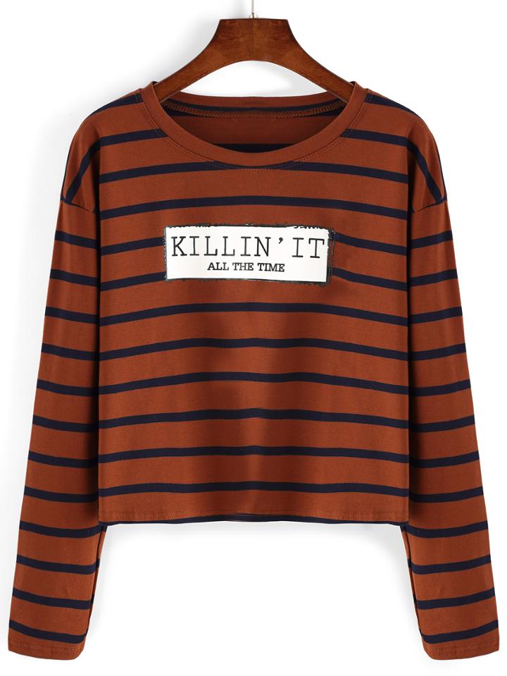 Romwe Long Sleeve Striped Khaki T-shirt