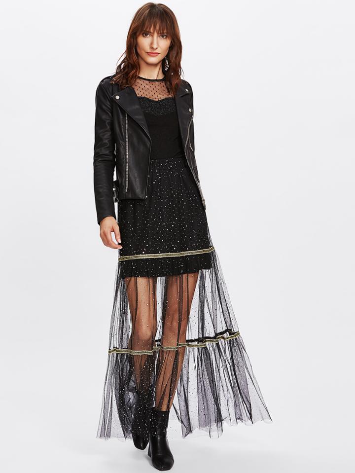 Romwe Tape Detail Glitter Mesh Overlay Skirt