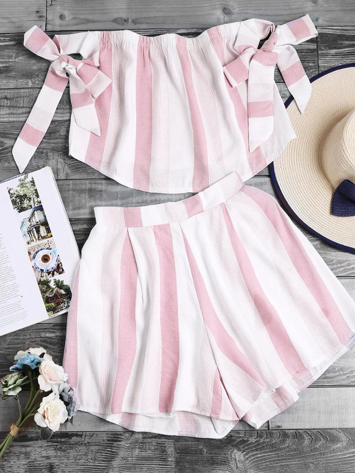 Romwe Bardot Self Tie Wide Stripe Dip Hem Top With Shorts