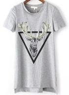 Romwe Dip Hem With Sequined Deer Print Grey T-shirt