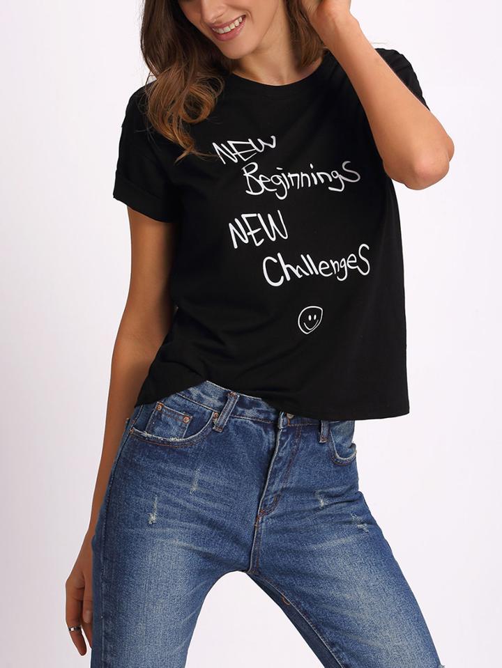 Romwe Black Letters Print Cuffed T-shirt