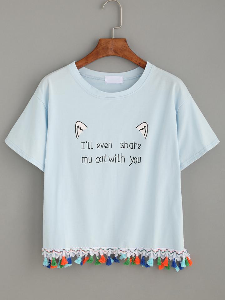 Romwe Blue Fringe Letters Print T-shirt